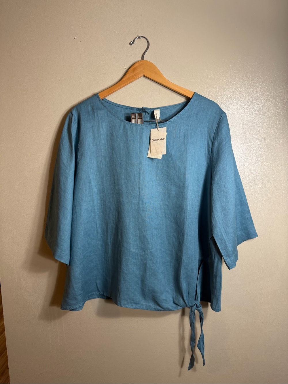 NWT Grae Cove 100% Linen Blue Tie Side Blouse XXL Coastal